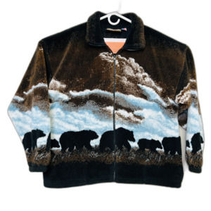 Vintage Cobblestone Canyon Made USA Sherpa Jacket size XL black bears mountain